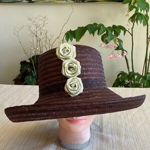 Elegant Brown Hat with Cream Golden Floral Accents